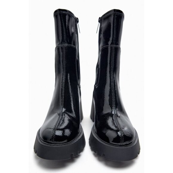 ZARA HIGH-HEEL FAUX PATENT ANKLE BOOTS WITH TRACK SOLE BLACK SIZE 10 | 3118/010 - Picture 1 of 11